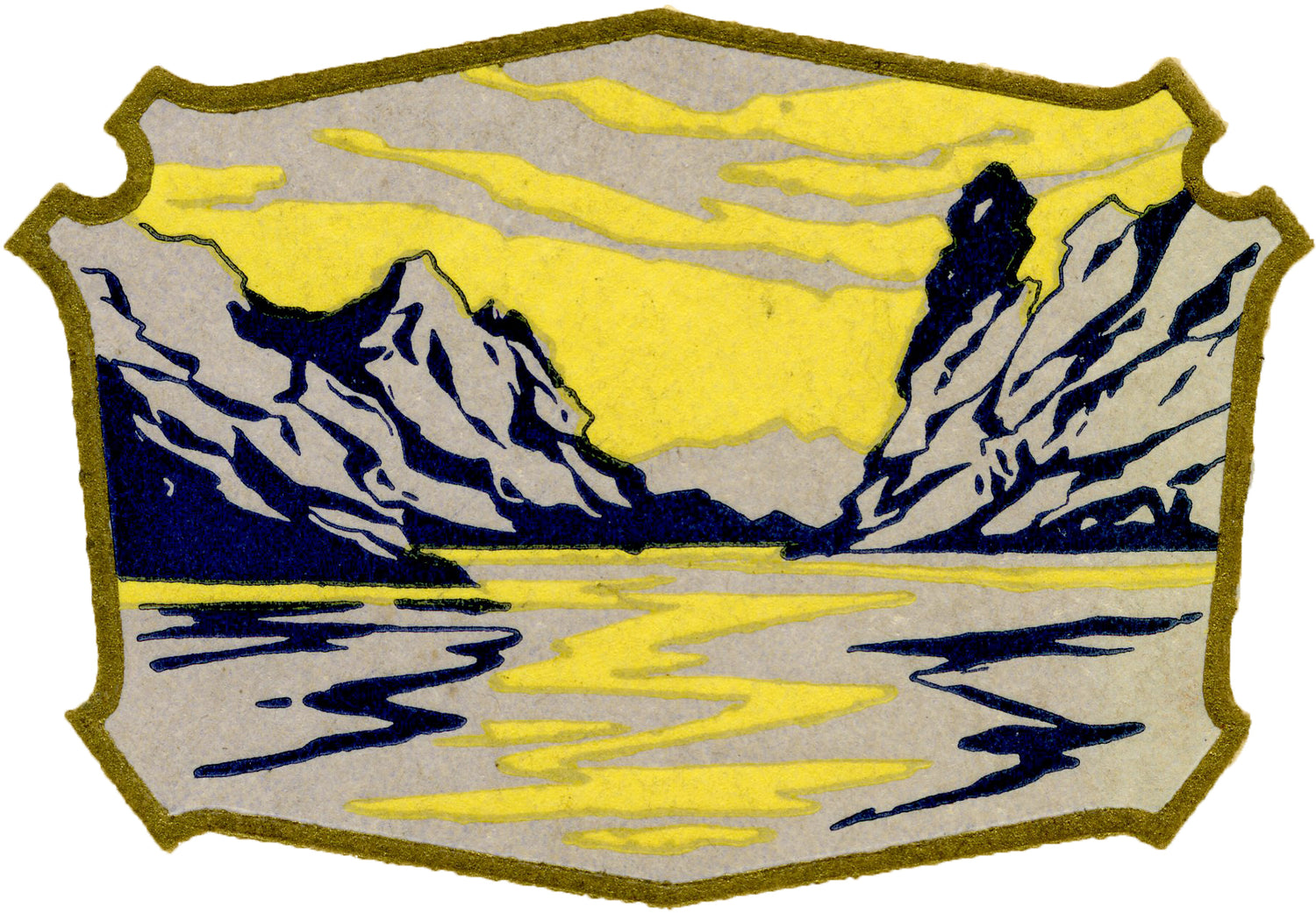 Malibou Lake est 1922 logo, a yellow shield shaped patch with mountains, water and sky. The view of Malibou LAke's dam in Malibu, CA. The Santa Monica Mountains. 